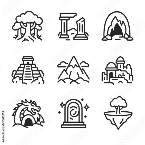 Legendary Places Icons. Outline icon set of legendary places: enchanted forest, ancient ruins, mystical cave, hidden temple,