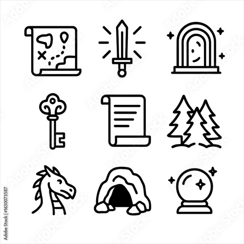 Legendary Quest Icons. Outline icon set of legendary quests: treasure map, glowing sword, magical portal, ancient key, scroll,