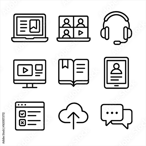 Online Education Icons. Outline icon set of online education platforms: laptop, video conference, headset,