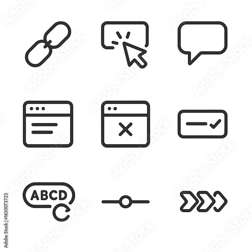 Web Element Icons. Outline icon set of interactive web elements: hyperlink, hover effect, tooltip, modal window, popup alert, form