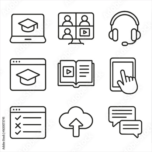 Online Education Icons. Outline icon set of online education platforms: laptop, video conference, headset,