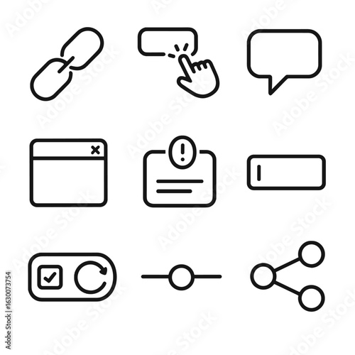 Web Element Icons. Outline icon set of interactive web elements: hyperlink, hover effect, tooltip, modal window, popup alert, form