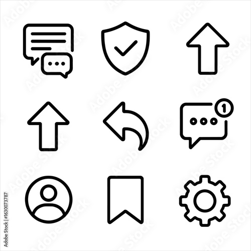 Online Forum Icons. Outline icon set of online forum activities: discussion threads, moderator shield, upvote