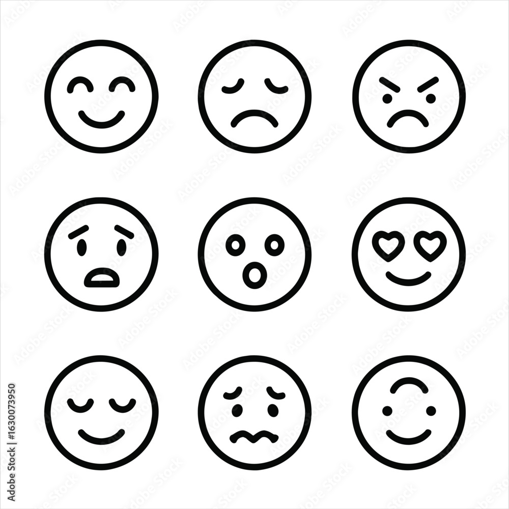 Life Emotion Icons Grid. Outline icon set of life emotions: joy, sadness, anger, fear, surprise, love, calm, anxiety, hope. Line Life Emotion Icons Grid. Outline icon set of life emotions: joy, sadness, anger, fear, surprise, love, calm, anxiety, hope. Line