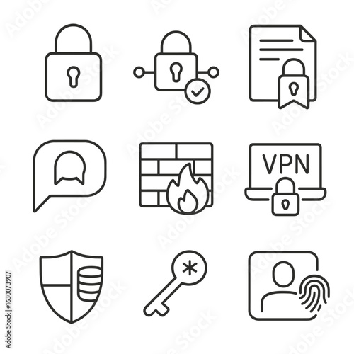 Online Privacy Icons. Outline icon set of online privacy protection: lock icon, secure connection, encryption