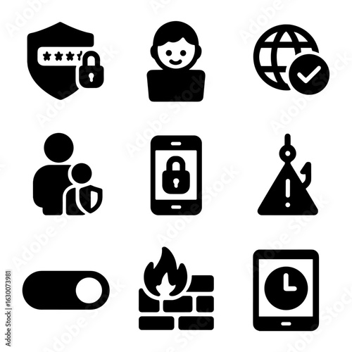 Online Safety Icons Grid. Solid, filled icons set of online safety for family members: password shield, child