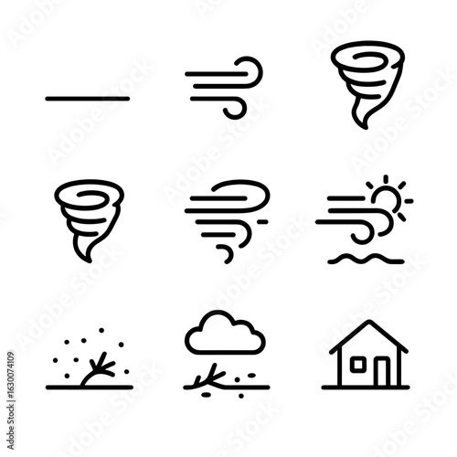 Whirlwind Phase Icons. Outline icon set of whirlwind phases: calm air, gathering wind, spiral formation, peak swirl, dispersing