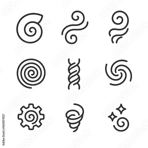 Whirl Pattern Icon Set. Outline icon set of whirl patterns: spiral shell, swirl smoke, twisting water, circular maze, helix,