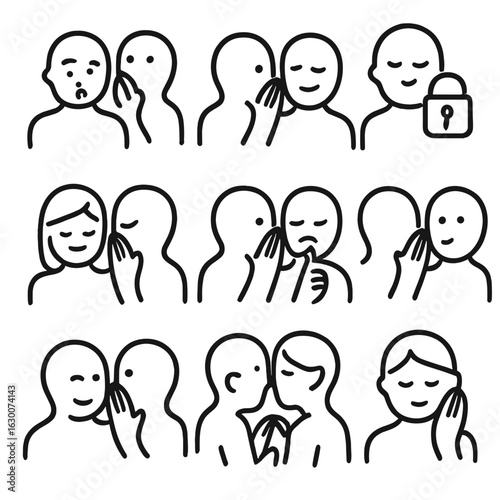 Whisper Emotion Icons. Outline icon set of whisper in emotions and expression: secret, trust, confidentiality, intimacy, calm,