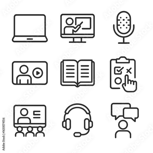 Online Teaching Icons. Outline icon set of online teaching: laptop, virtual lesson, microphone, video stream,