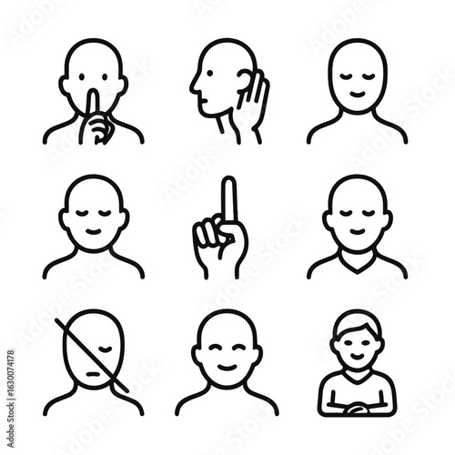 Whisper Gesture Icons. Outline icon set of whisper in gestures and signs: finger on lips, hand cupped near ear, quiet hand wave,