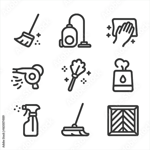 Dust Removal Icons. Outline icon set of dust removal methods: sweeping, vacuuming, wiping, air blowing, dusting, humidifying,