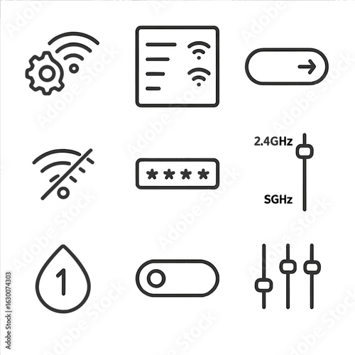 Wi-Fi Settings Icons. Outline icon set of Wi-Fi settings: gear with Wi-Fi, network list display, connect button icon, disconnect