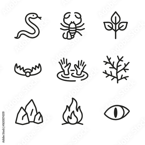 Wild Dangers Icons. Outline icon set of wild dangers: snake, scorpion, poison ivy, bear trap, quicksand, thorn bush, sharp rocks,