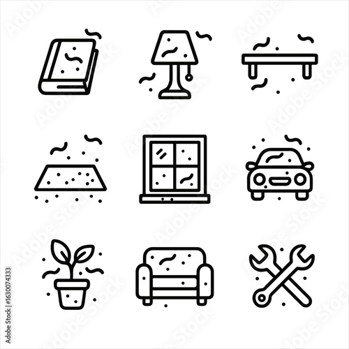 Dusty Objects Icons. Outline icon set of dusty objects: dusty book, dusty lamp, dusty shelf, dusty floor, dusty window, dusty car,