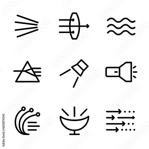 Light Flux Icon Set. Outline icon set of light flux: beam rays, lens focus, light wave, prism dispersion, spotlight, flashlight