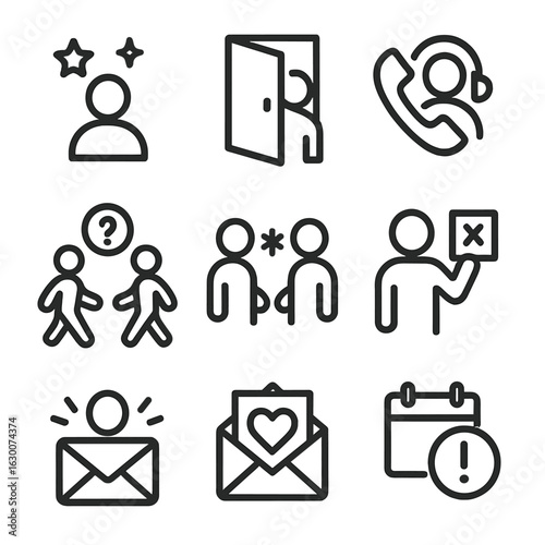 Wildcard Icons Collection. Outline icon set of wild card in social contexts: unpredictable friend, surprise guest, unknown caller,