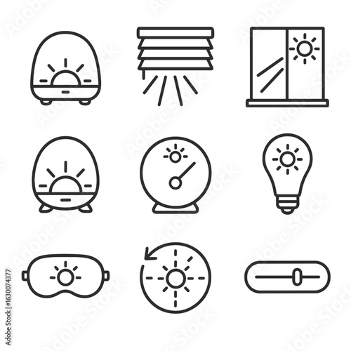 Light Therapy Icons. Outline icon set of light therapy wake-up: sunrise lamp outline, light beam through blinds, window with sun