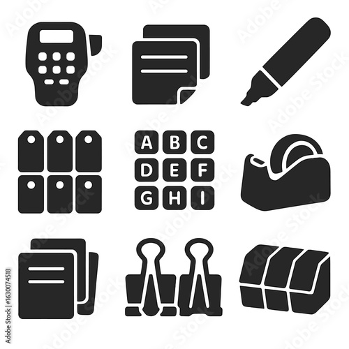 Organization Icons Grid. Solid, filled icons set of labeling and organization: label maker, sticky labels,