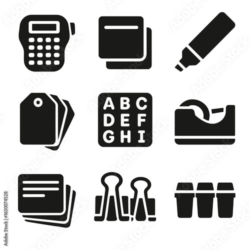 Organization Icons Grid. Solid, filled icons set of labeling and organization: label maker, sticky labels,