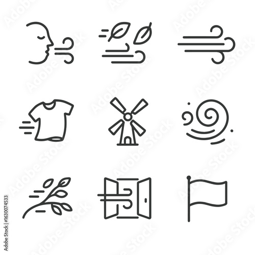 Wind Flow Icons. Outline icon set of wind flow: whistling breeze, flying leaves, wind gust, fluttering clothes, spinning windmill,