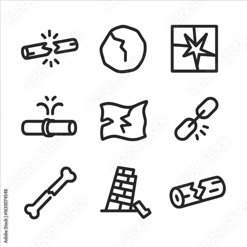 Limit Breach Icons. Outline icon set of limit breach: snapped stick, cracked rock, shattered window, burst pipe, torn fabric,