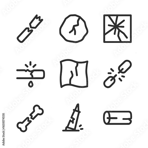 Limit Breach Icons. Outline icon set of limit breach: snapped stick, cracked rock, shattered window, burst pipe, torn fabric,