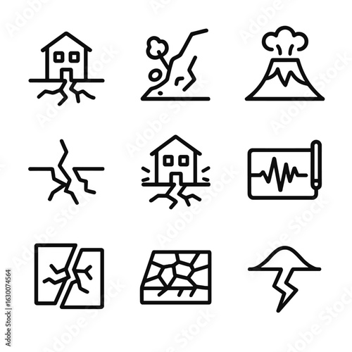 Earth Disaster Icons. Outline icon set of disaster types – earth-related: earthquake, landslide, volcanic eruption, ground fissure