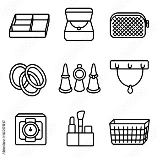 Organized Accessory Icons. Outline icon set of drawer organization for small accessories: segmented trays,