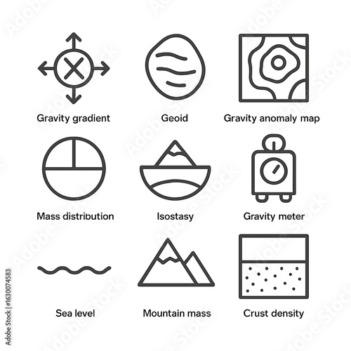 Earth Gravity Icon Set. Outline icon set of Earth gravity-related features: gravity gradient, geoid, gravity anomaly map, mass