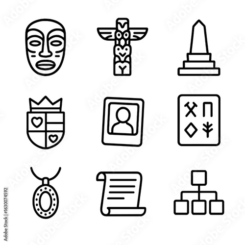 Lineage Icon Set. Outline icon set of lineage symbols and heritage: ancestral mask, totem pole, heritage monument, ancient script,