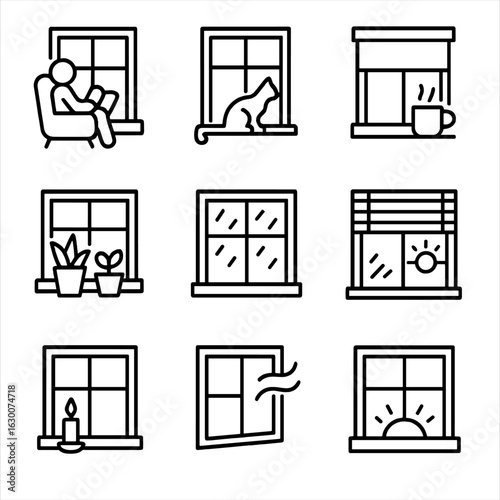 Window Treatment Icons. Outline icon set of window treatments: curtains, blinds, roller shade, drapes, valance, sheer panel, roman