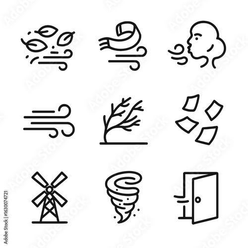Windy Weather Icons. Outline icon set of windy weather: blowing leaves, flying scarf, whistling wind, wind gust, tree branches