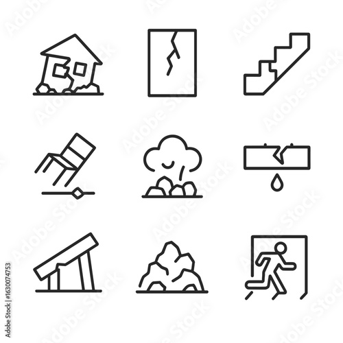 Earthquake Icon Set. Outline icon set of earthquake wreckage: collapsed house, cracked wall, broken staircase, toppled furniture,