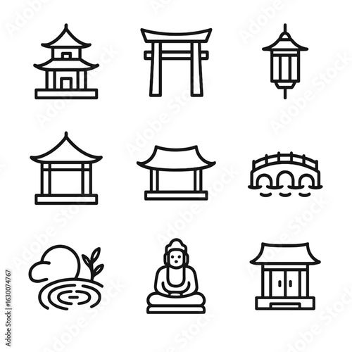 East Architecture Icons. Outline icon set of East architecture: temple, torii gate, lantern, pavilion, curved roof, bridge, garden