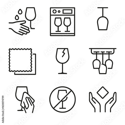 Wine Glass Care Icons. Outline icon set of wine glass care: hand washing wine glass, dishwasher safe icon, drying glass