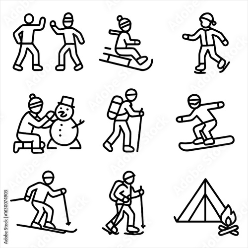 Winter Activity Icons. Outline icon set of slush outdoor activities: snowball fight, sledding, ice skating, snowman building,