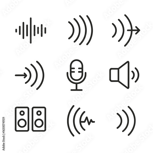 Echo Sound Icon Set. Outline icon set of echo in sound: sound wave, reflection, reverberation, bounce, delayed sound, microphone,