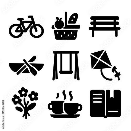 Outdoor Date Icons. Solid, filled icons set of date activities outdoors: bicycle, picnic basket, bench, boat,