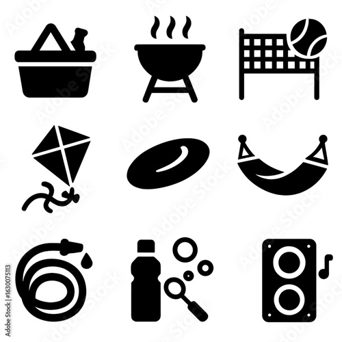 Outdoor Fun Icons. Solid, filled icons set of family outdoor fun: picnic basket, barbecue grill, outdoor games