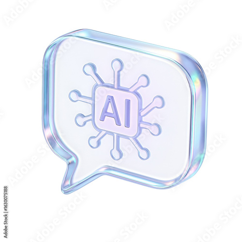 translucent 3d Glossy chat bubble icon symbolizing artificial intelligence with a networked design, showcasing innovation and technology in a modern digital landscape.