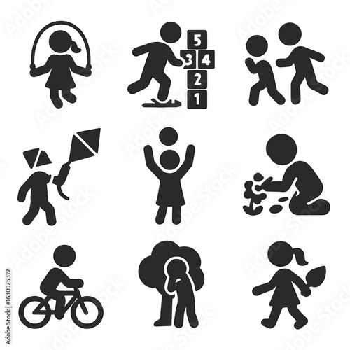 Outdoor Kids Activities. Solid, filled icons set of kids’ outdoor activities: jumping rope, hopscotch, tag