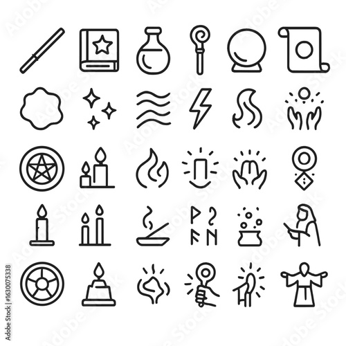 Wizardry Icon Collection. Outline icon set of wizard tools: magic wand, spell book, potion bottle, crystal ball, staff, cauldron,