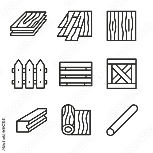 Wood Product Icons. Outline icon set of wood products: plywood sheet, wood flooring, wood panel, wooden fence, wood pallet, wooden