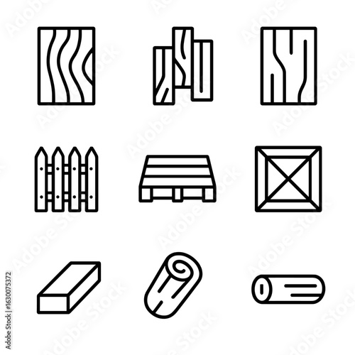 Wood Product Icons. Outline icon set of wood products: plywood sheet, wood flooring, wood panel, wooden fence, wood pallet, wooden