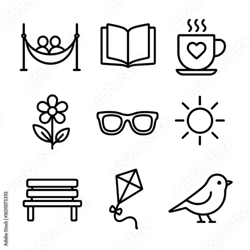 Outdoor Relaxation Icons. Outline icon set of relaxing outdoor moments for couples: hammock, book, coffee cup,
