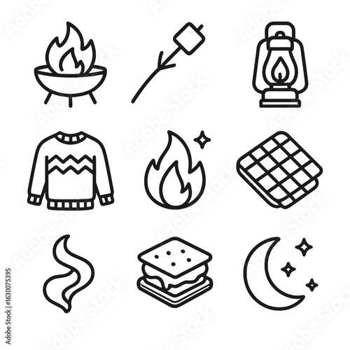 Outdoor Relaxation Icons. Outline icon set of outdoor relaxation by fire: fire pit bowl, roasting stick,