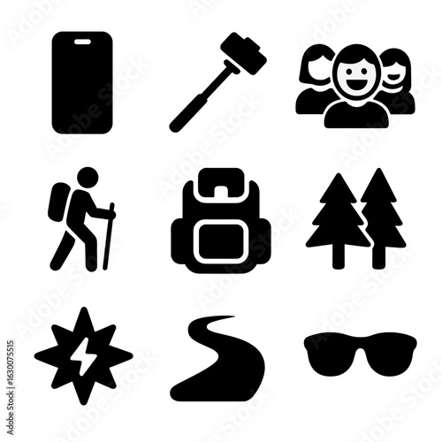 Outdoor Selfie Icons. Solid, filled icons set of Fun selfie with friends outdoor: smartphone, selfie stick,