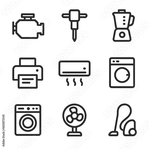 Loud Machine Icons. Outline icon set of loud machines: engine, jackhammer, blender, vacuum cleaner, printer, air conditioning,