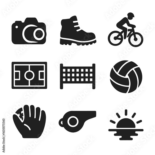 Outdoor Sports Icon Grid. Solid, filled icons set of outdoor sports photography: camera with zoom lens, hiking
